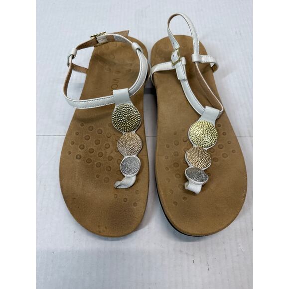Vionic Women’s Lizbeth Sandals White Medallion Gold Silver T Strap Flats Size 9 - Picture 1 of 5